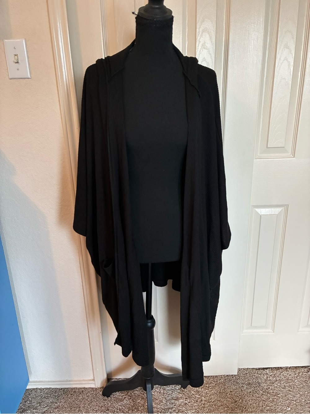 Three Bird Nest Black Hooded Open-Front Poncho Cardigan
